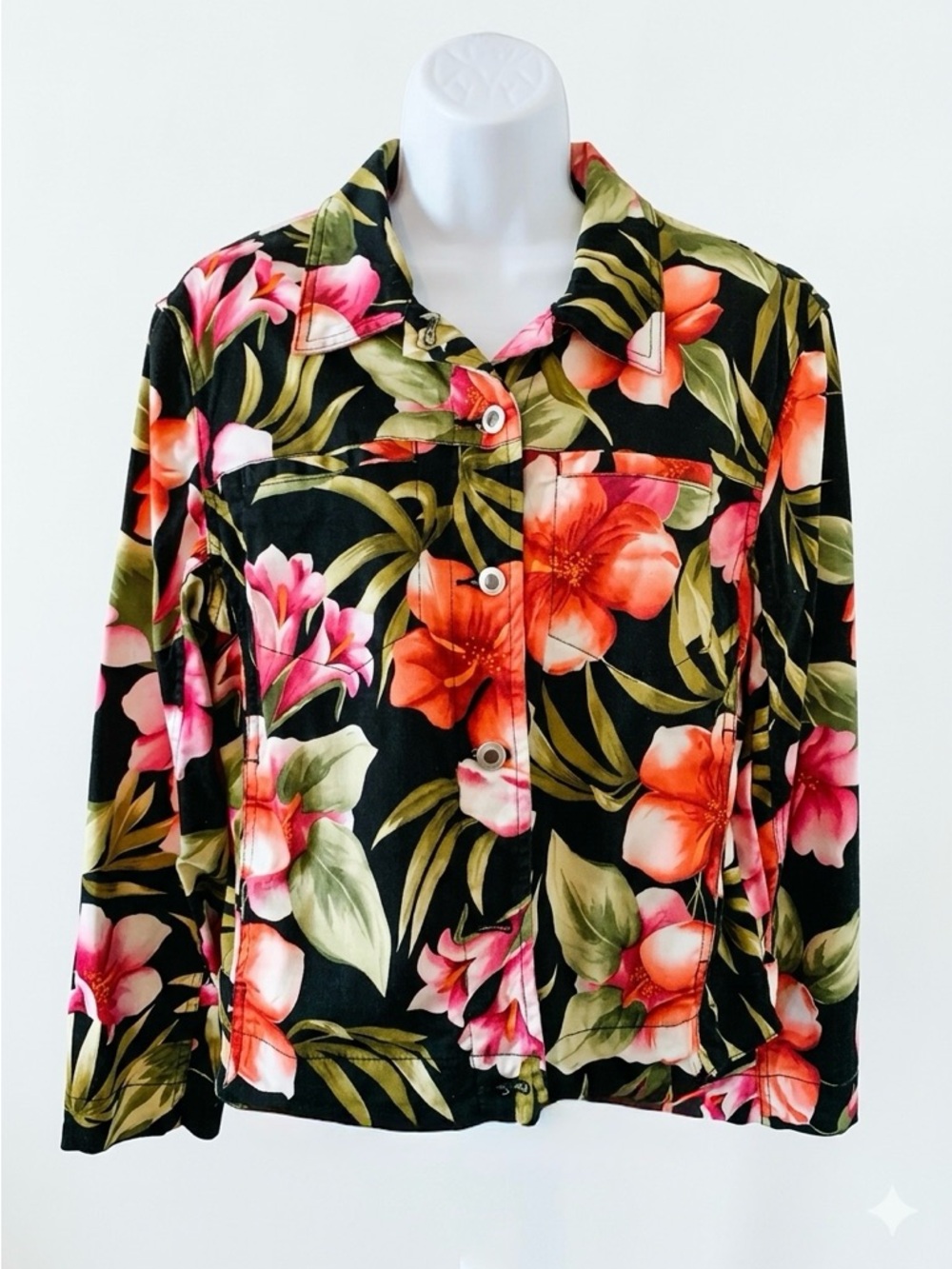 Caribbean Joe Tropical Floral Button-Up Jacket Sz L